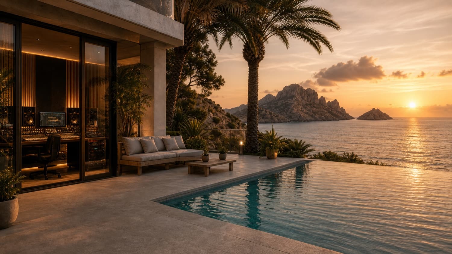 Ibiza villa pool beside a private music studio